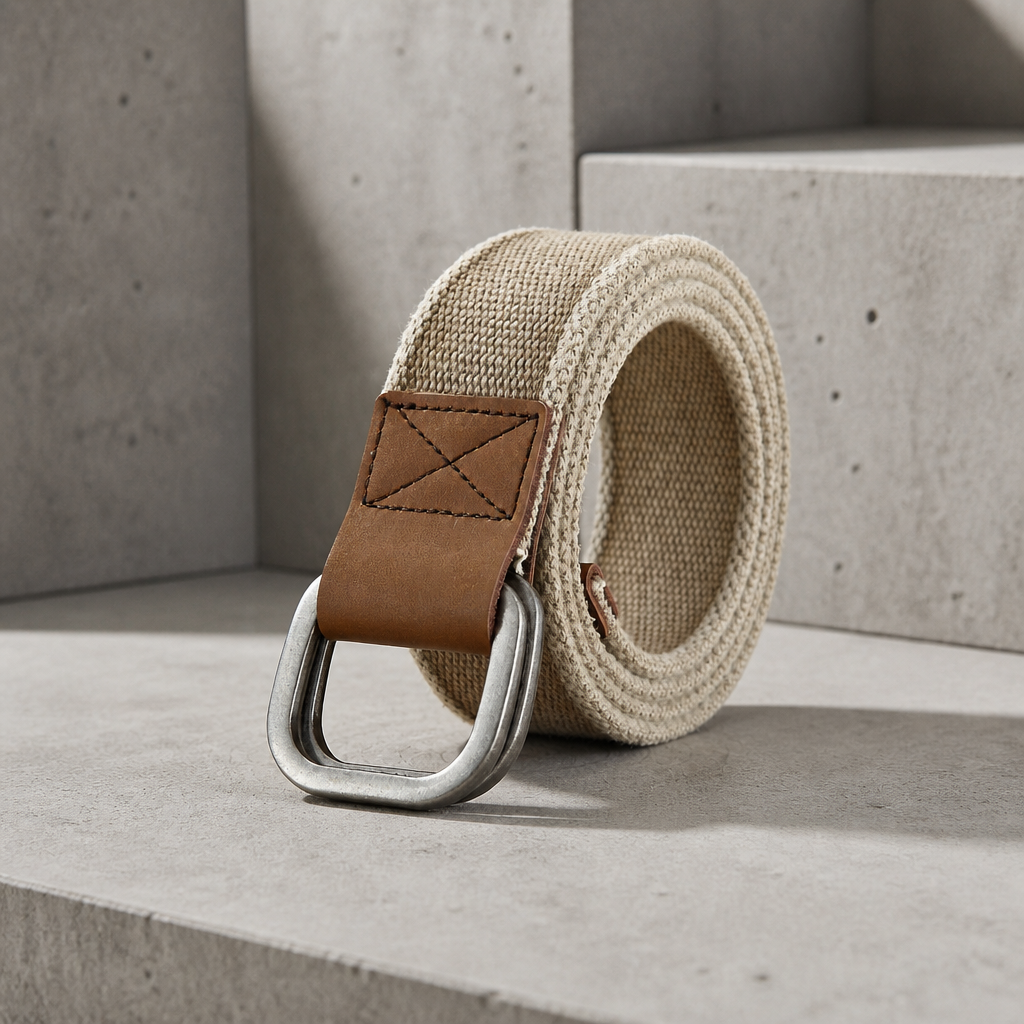 Ceinture en toile homme beige à double anneau, posée sur un bloc de béton