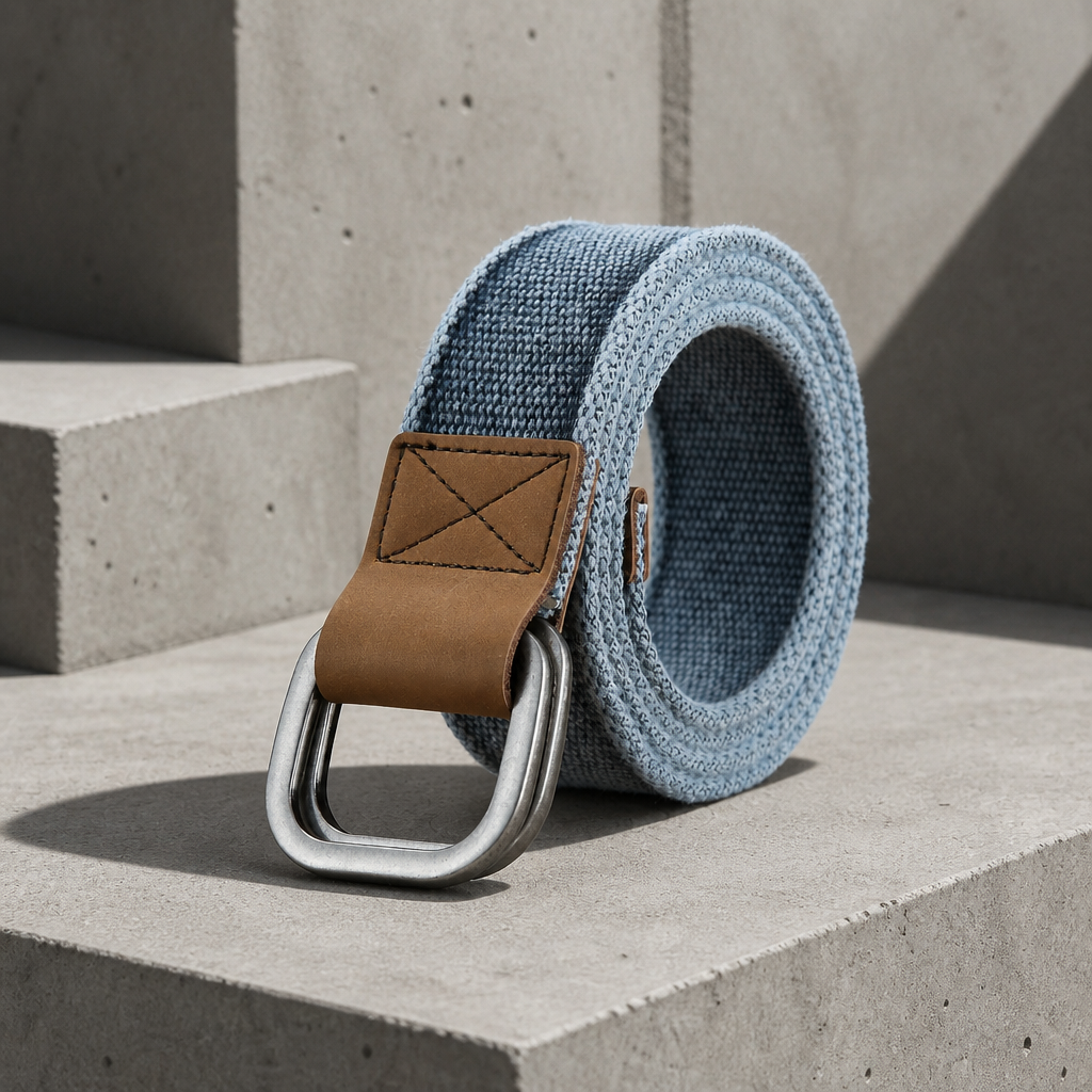 Ceinture en toile homme bleue à double anneau, posée sur un bloc de béton