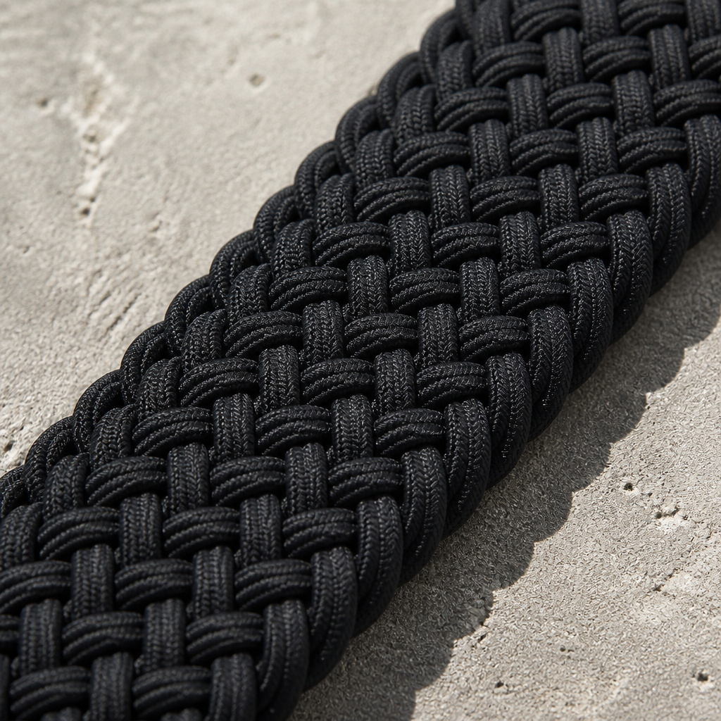 Macro du tressage extensible noir d'une ceinture homme, mailles régulières