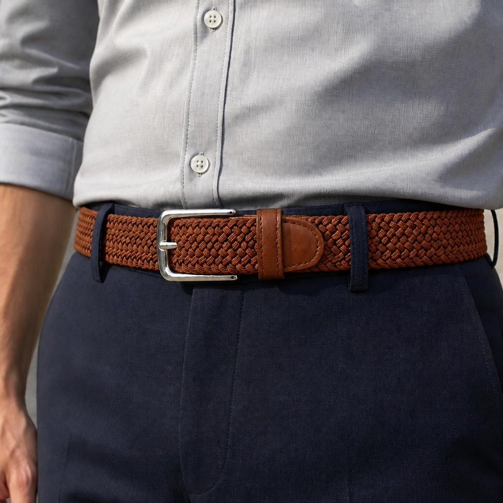 Ceinture extensible homme tressée marron portée sur un pantalon marine