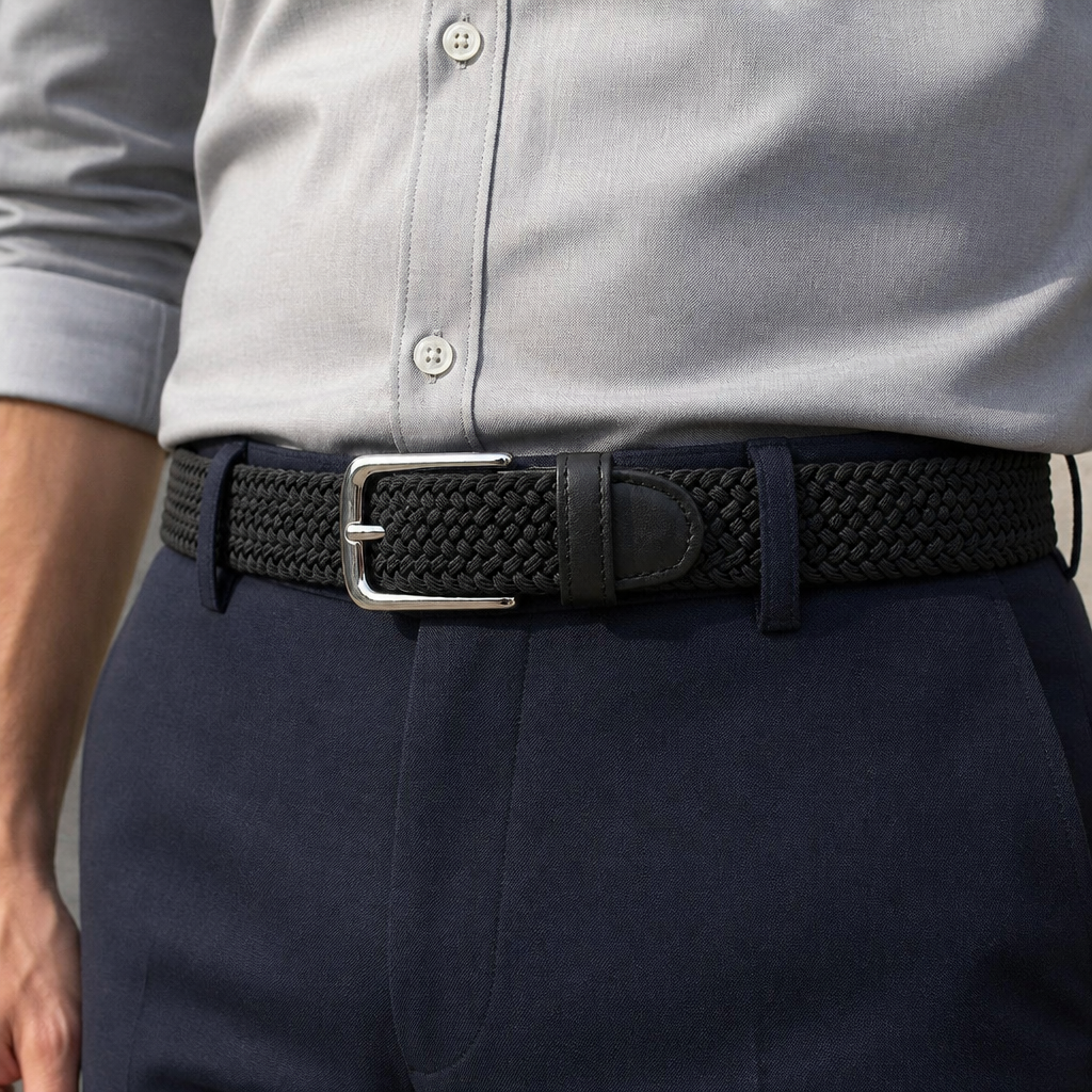 Ceinture extensible homme tressée noire portée sur un pantalon marine