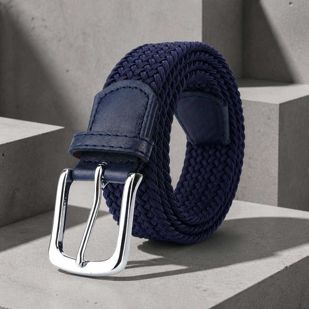Ceinture extensible homme tressée bleu marine, boucle polie, sur un bloc de béton