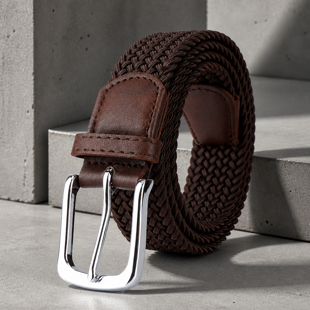 Ceinture extensible homme tressée marron, boucle polie, sur un bloc de béton