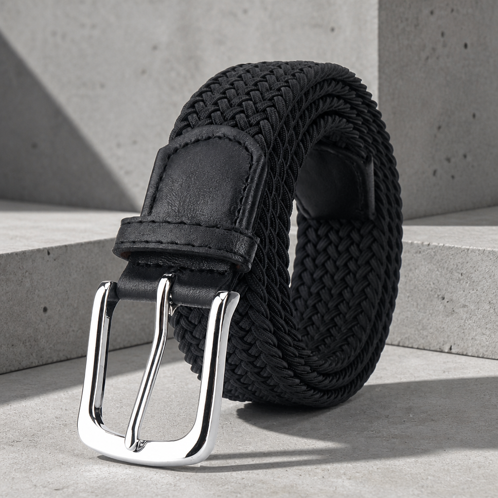 Ceinture extensible homme tressée noire, boucle polie, posée sur un bloc de béton