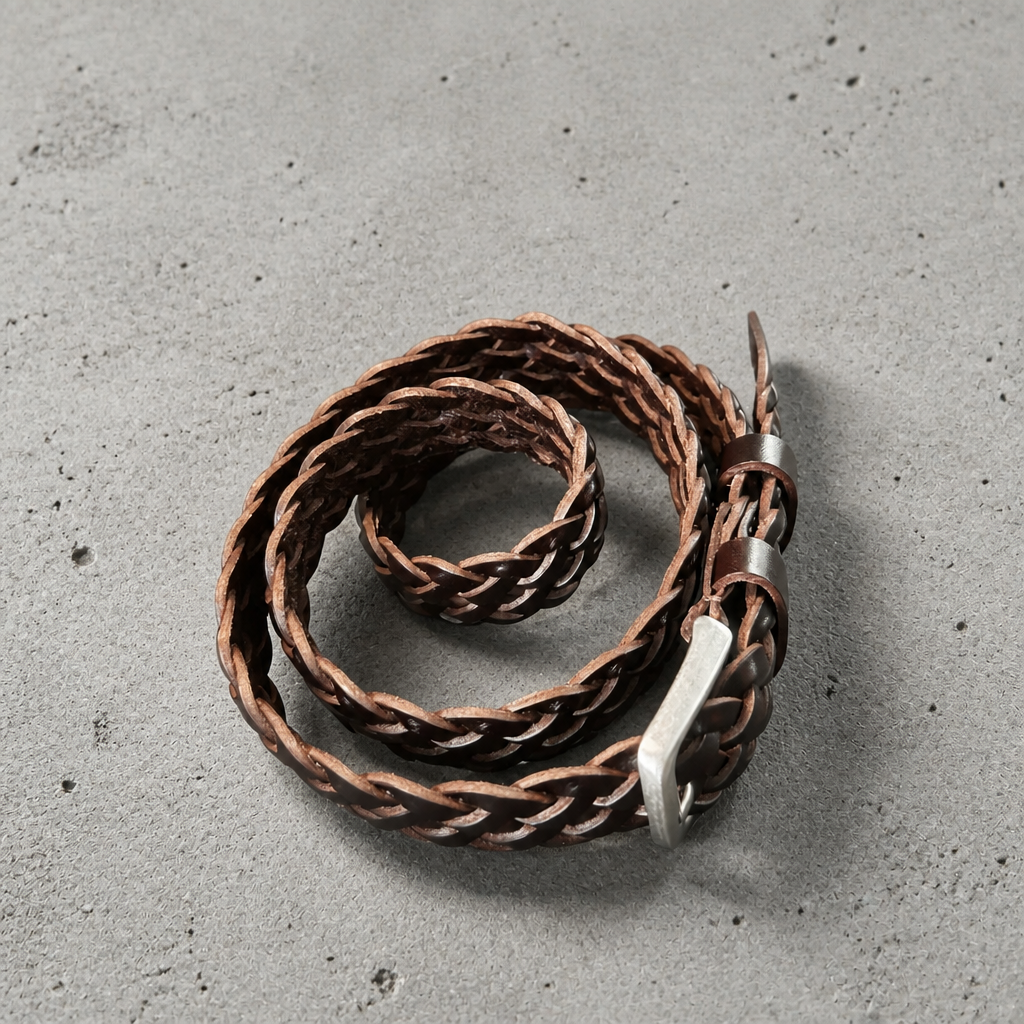 Ceinture fine homme en cuir tressé marron enroulée, boucle de profil