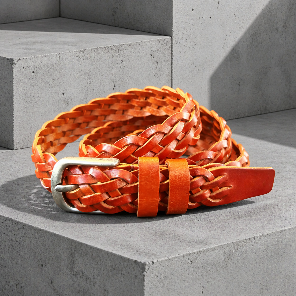 Ceinture fine homme en cuir tressé main cognac, boucle argent brossé