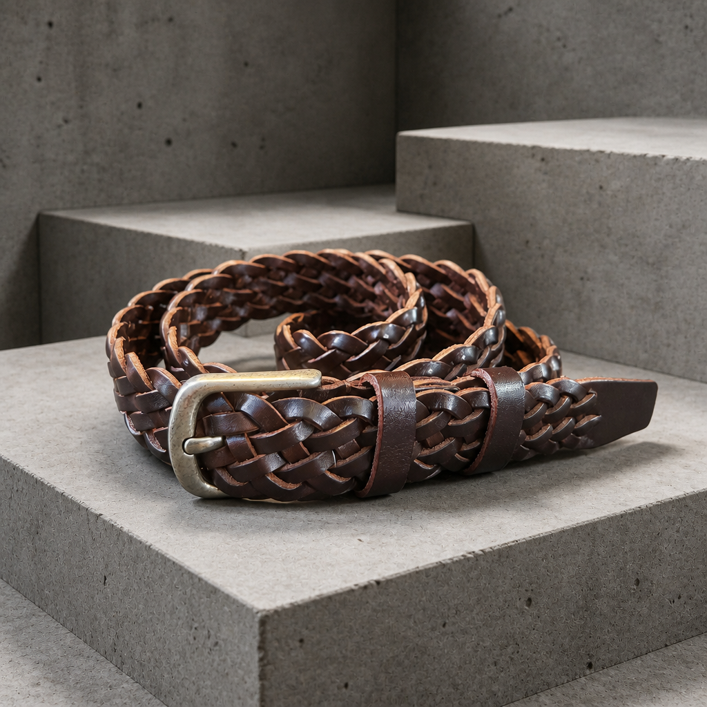 Ceinture fine homme en cuir tressé main marron foncé, boucle argent brossé