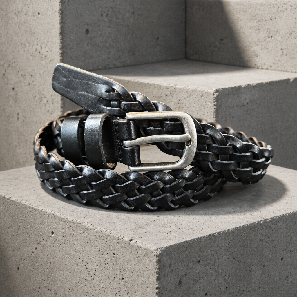 Ceinture fine homme en cuir tressé main noir, boucle argent brossé