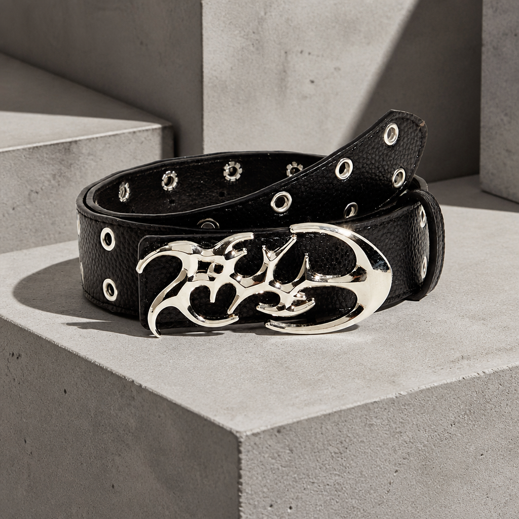 Ceinture gothique homme noire à double rangée d'œillets, boucle chromée, sur béton