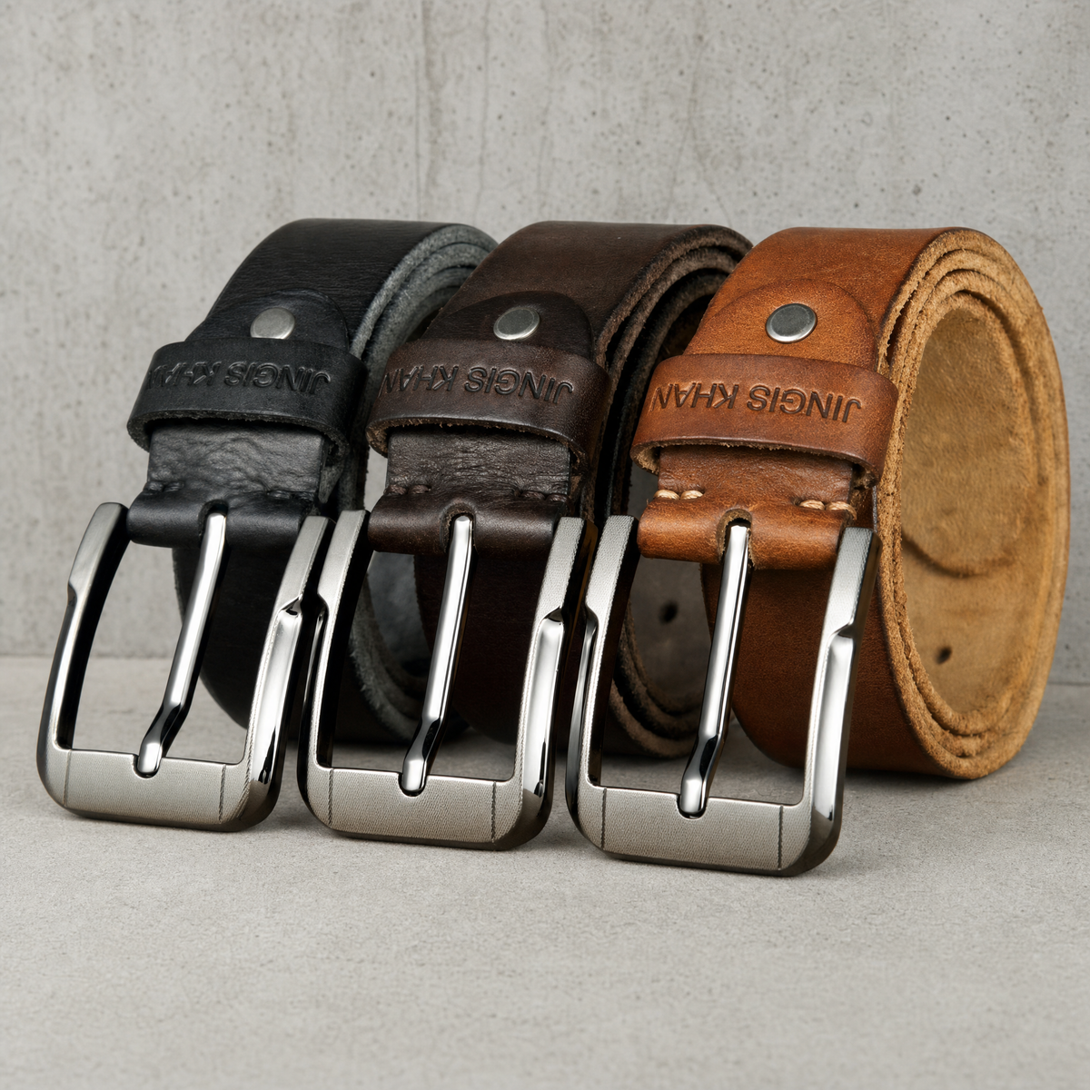 Les trois teintes de la ceinture grande taille homme : noir, marron chocolat et camel
