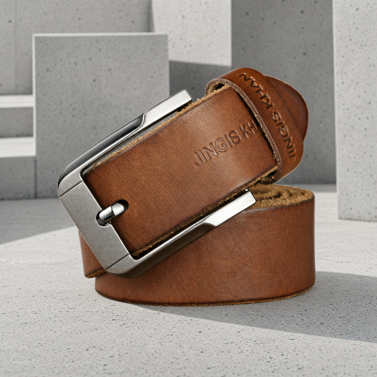 Ceinture grande taille homme en cuir camel d'aspect vieilli, marquage embossé, boucle argent brossé