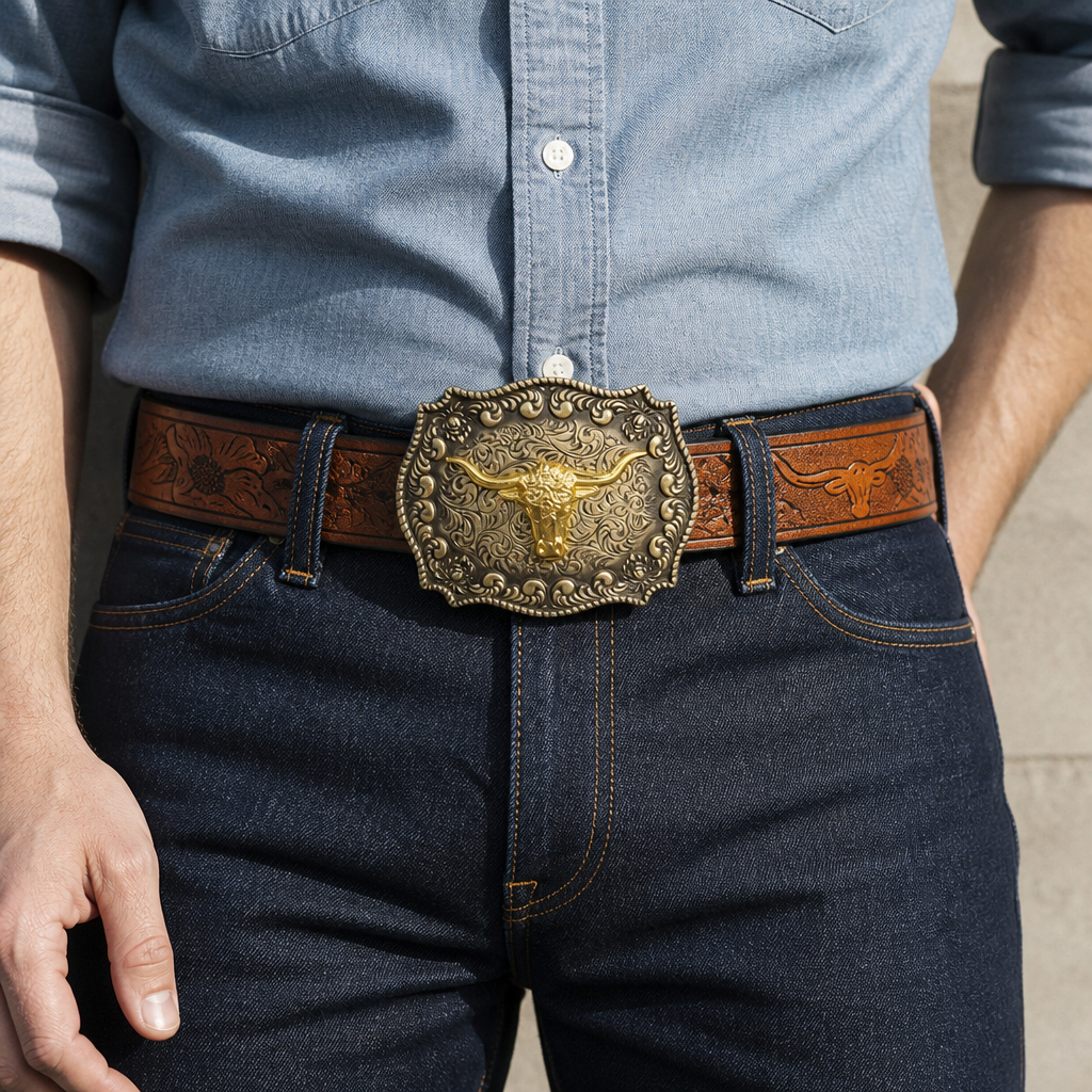 Homme portant la ceinture grosse boucle marron à tête de taureau sur un jean brut et une chemise en denim