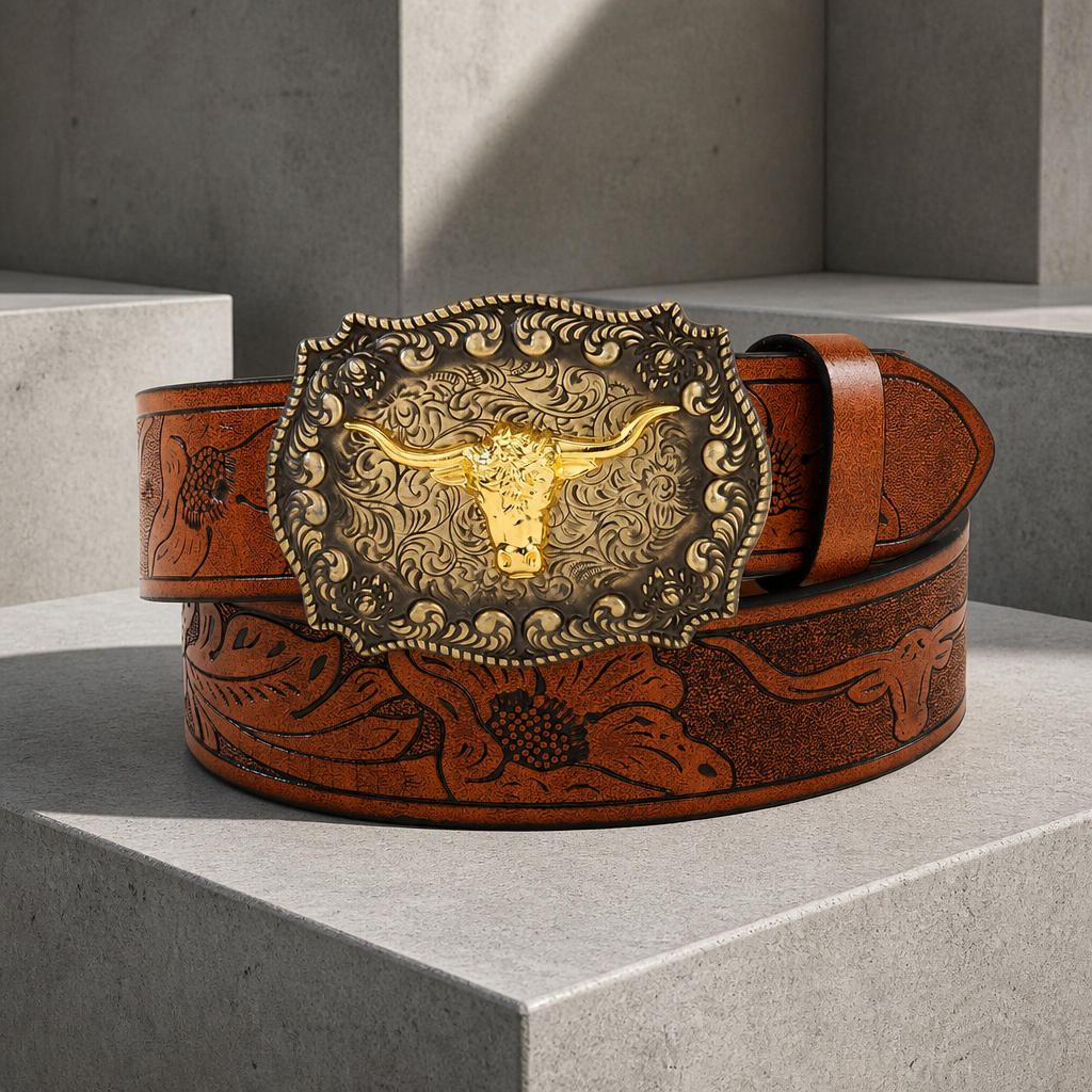 Ceinture grosse boucle homme marron, plaque western bronze vieilli à tête de taureau dorée, sur béton