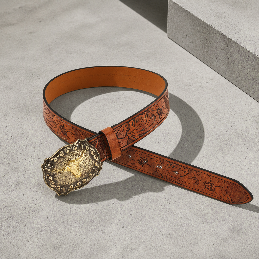 Ceinture western marron en entier, avec sa grosse boucle tête de taureau et sa rangée de trous