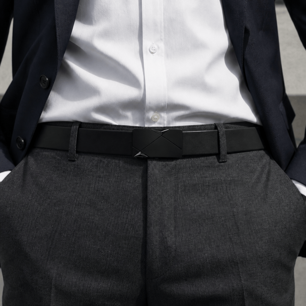 Ceinture habillée homme portée avec un pantalon de costume gris, accents noirs