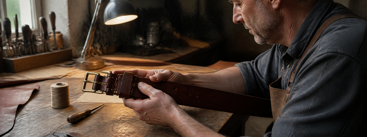 Artisan maroquinier vérifiant la couture d'une ceinture en cuir marron à double ardillon dans son atelier