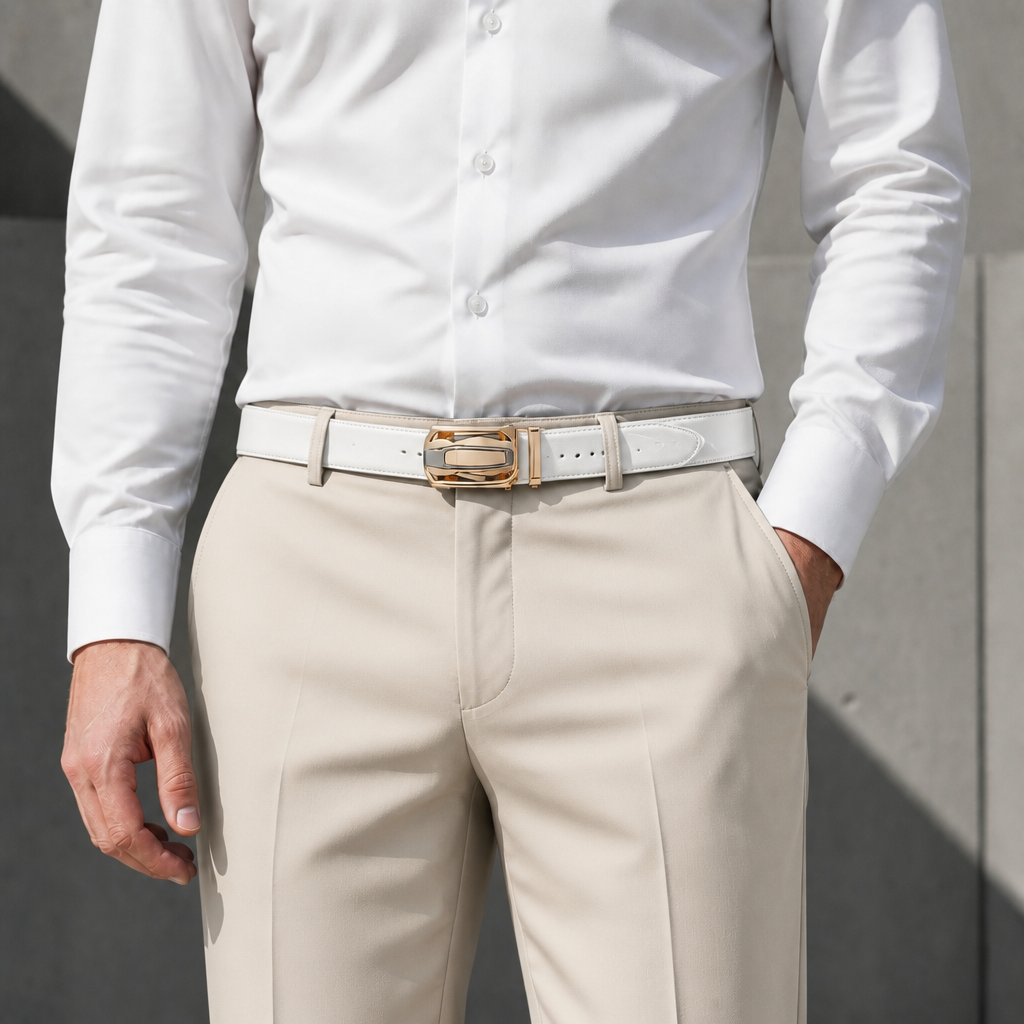 Ceinture homme boucle dorée blanche portée à la taille sur un chino beige et une chemise blanche
