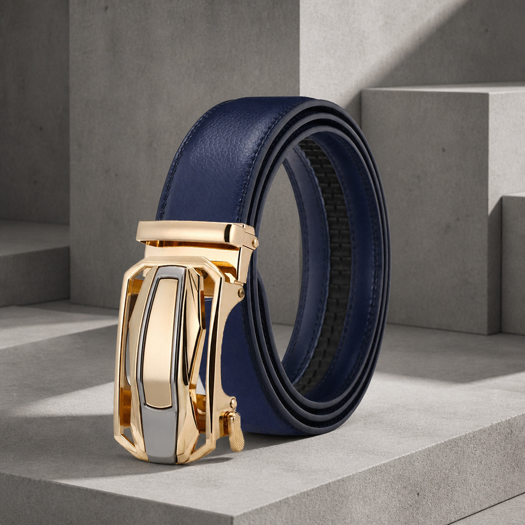 Ceinture homme bleu marine à boucle dorée automatique, cuir de vachette, sur fond béton