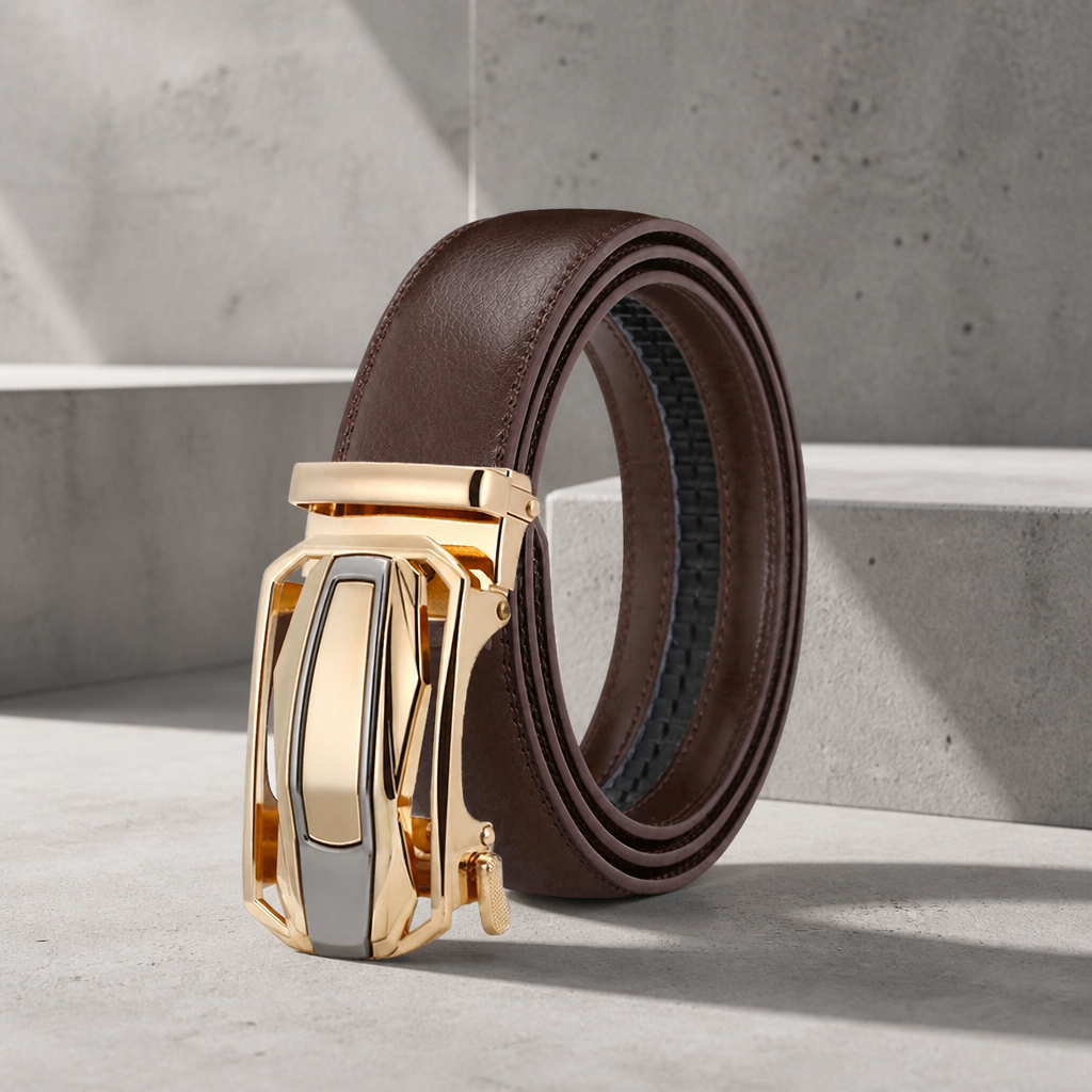 Ceinture homme marron à boucle dorée automatique, cuir de vachette, sur fond béton
