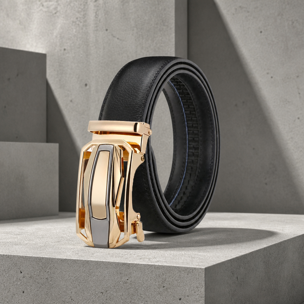 Ceinture homme noire à boucle dorée automatique, même boucle sur tous les coloris, sur fond béton