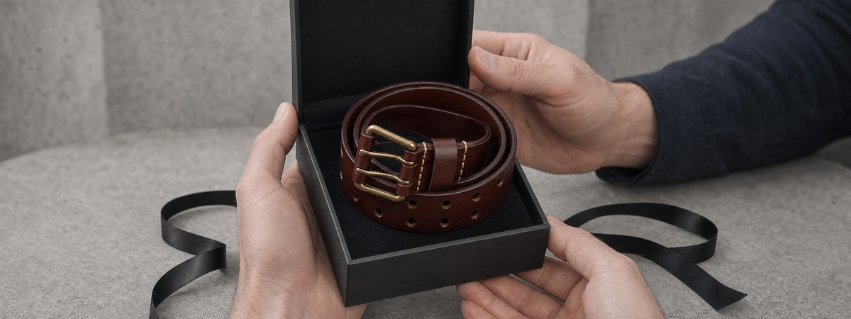 Ceinture homme en cuir marron roulée dans une boîte cadeau noire, offerte des deux mains