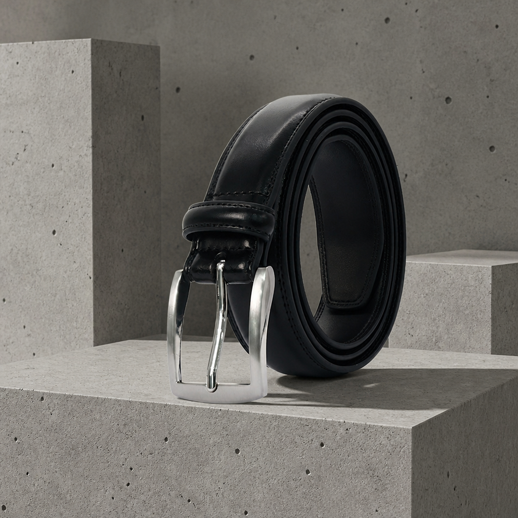 Ceinture homme chic noire enroulée, boucle à ardillon argentée brossée