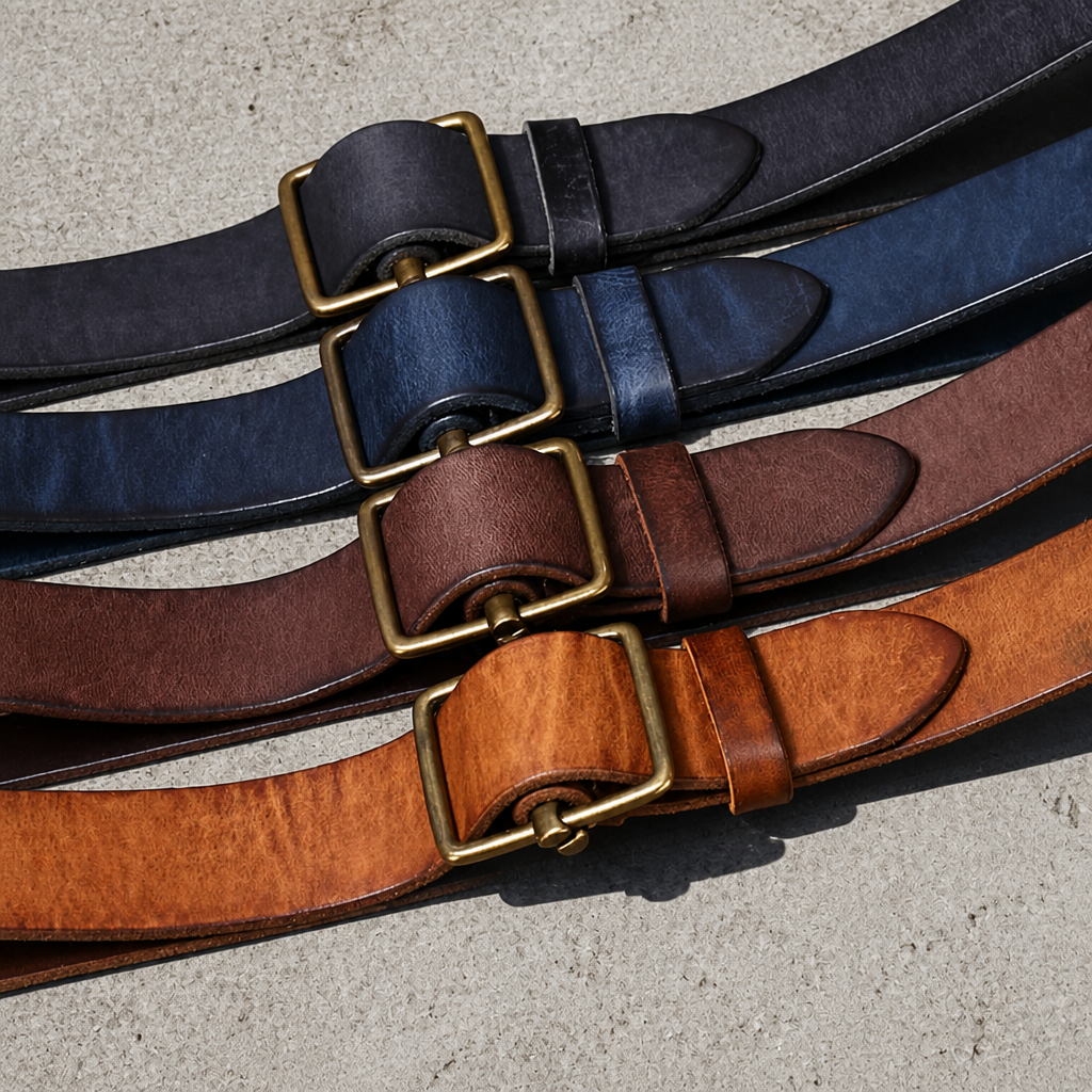 Les quatre teintes de la ceinture homme classe côte à côte : noir, bleu, marron et camel