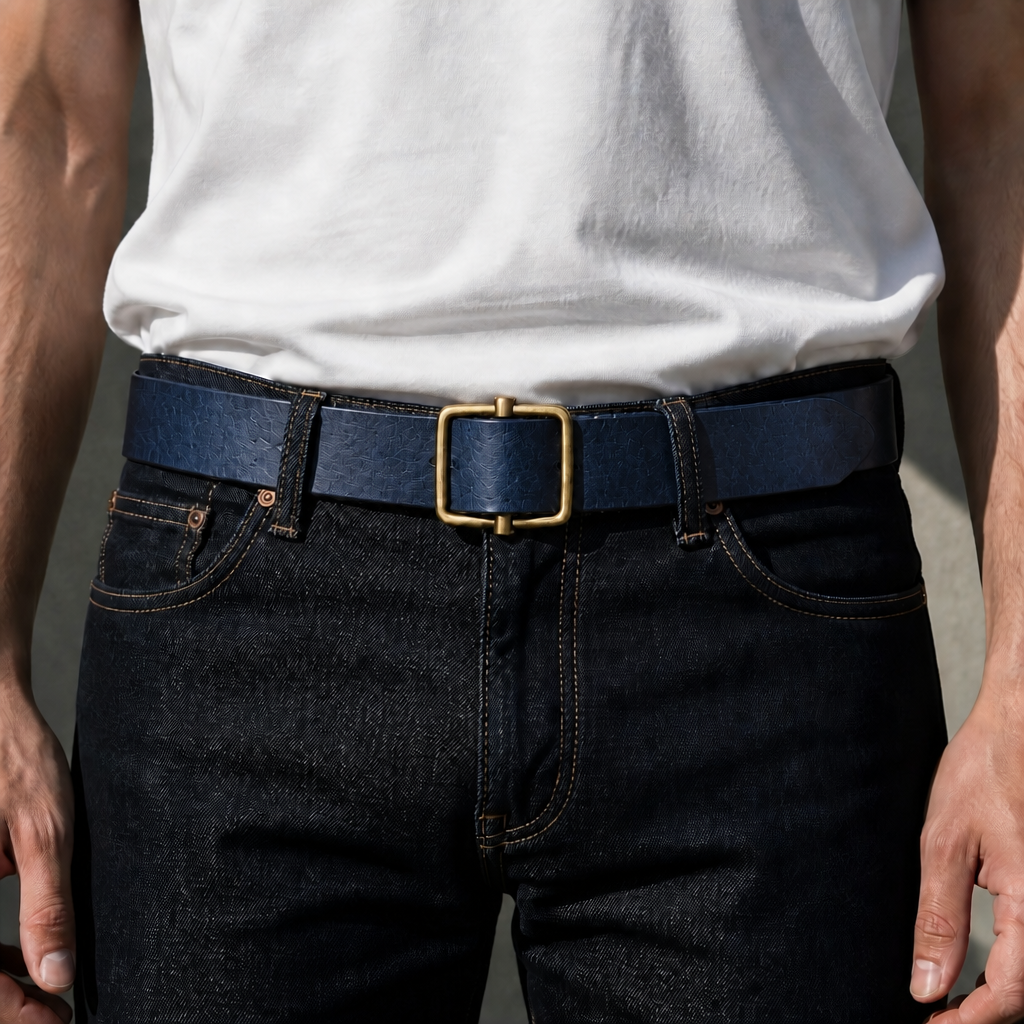 Ceinture homme classe bleue portée sur un jean brut, boucle cadre au centre