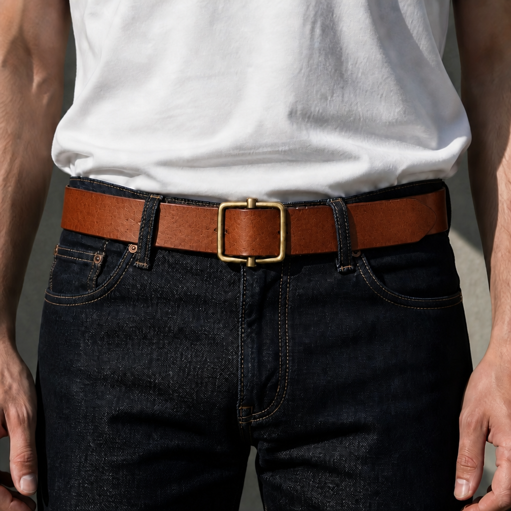 Ceinture homme classe camel portée sur un jean brut avec un t-shirt blanc