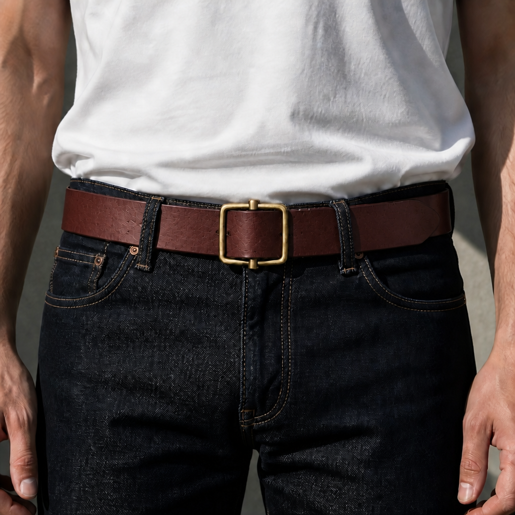 Ceinture homme classe marron portée sur un jean brut, boucle cadre au centre