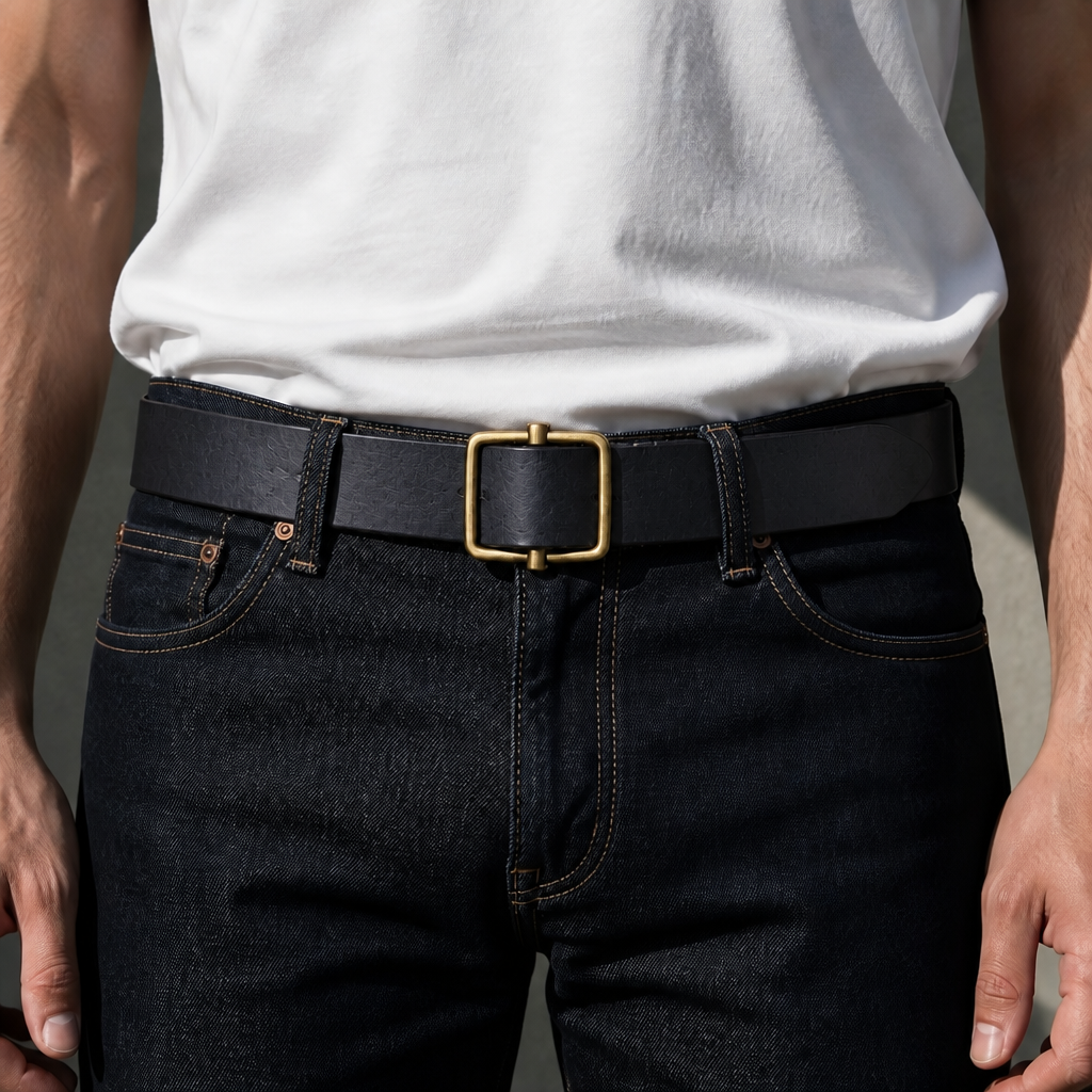 Ceinture homme classe noire portée sur un jean brut avec un t-shirt blanc