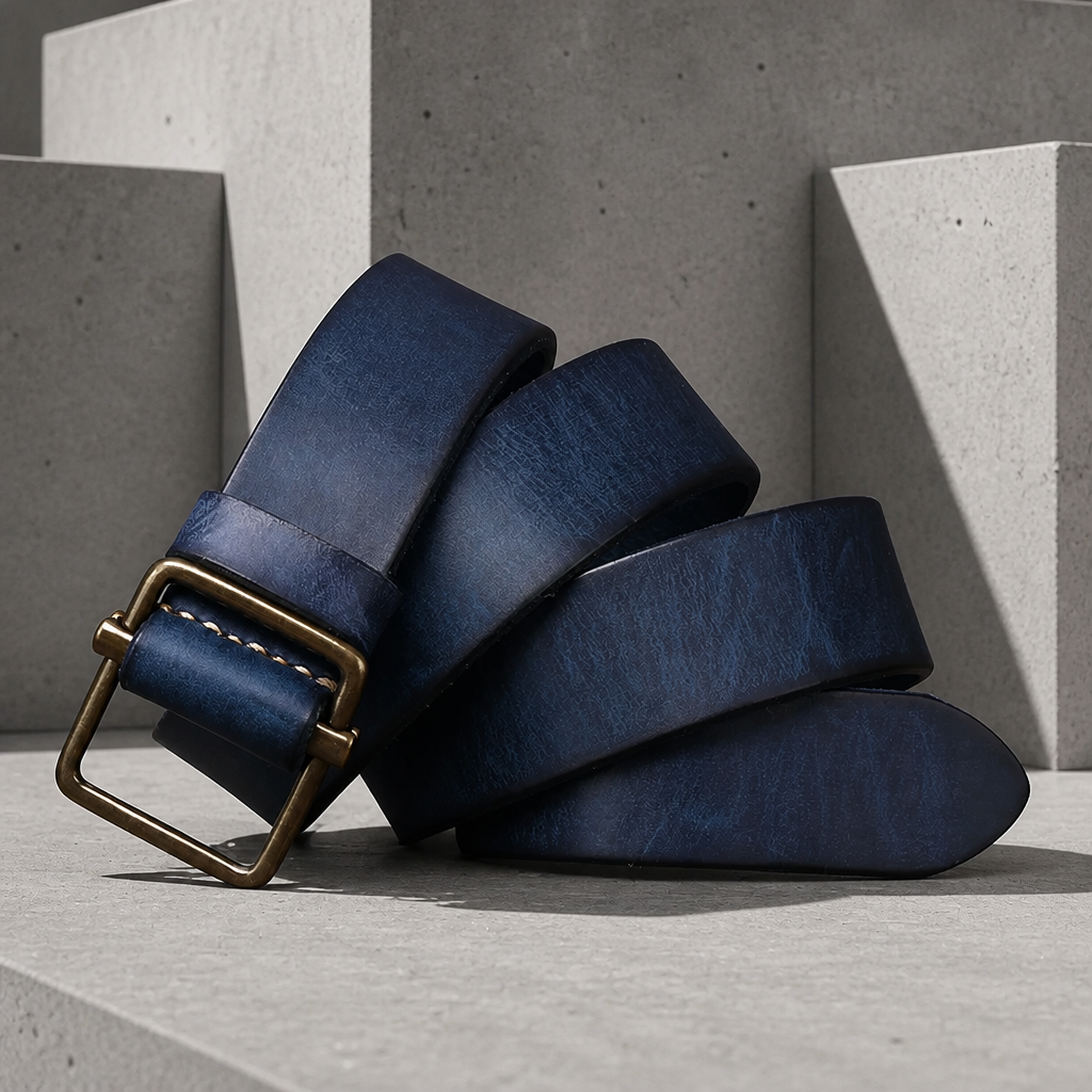 Ceinture homme classe en cuir de vachette bleu patiné, boucle cadre dorée vieillie