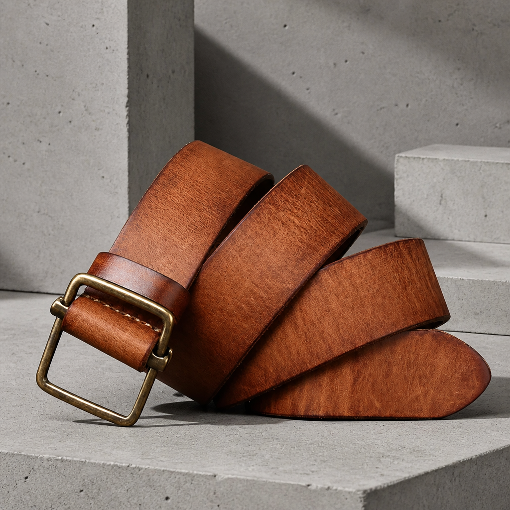 Ceinture homme classe en cuir de vachette camel patiné, boucle cadre dorée vieillie