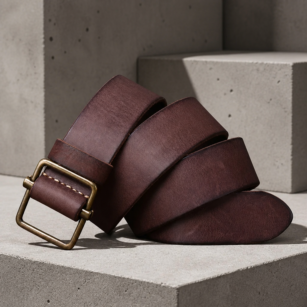 Ceinture homme classe en cuir de vachette marron patiné, boucle cadre dorée vieillie