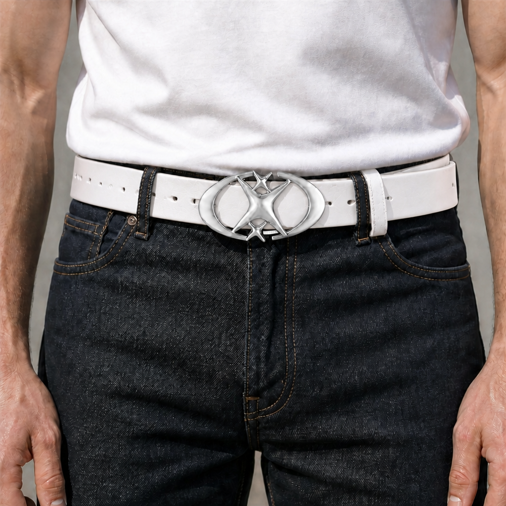 Homme portant la ceinture blanche à boucle étoile argentée sur un jean