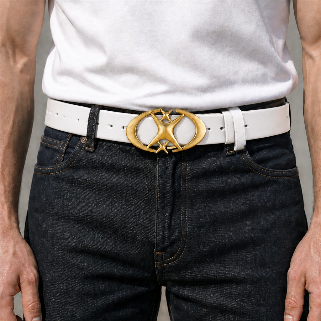 Homme portant la ceinture blanche à boucle étoile dorée sur un jean