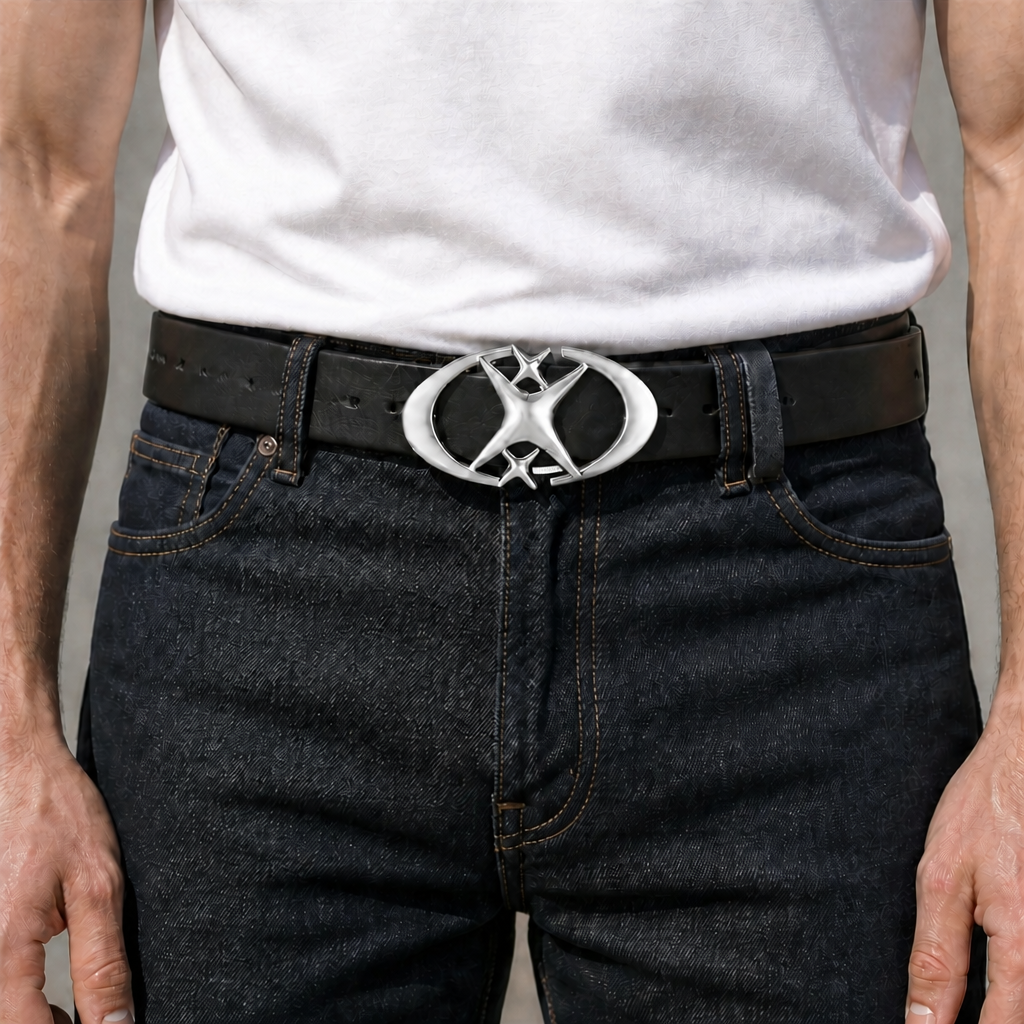Homme portant la ceinture noire à boucle étoile argentée sur un jean brut