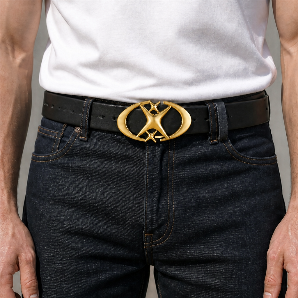 Homme portant la ceinture noire à boucle étoile dorée sur un jean brut
