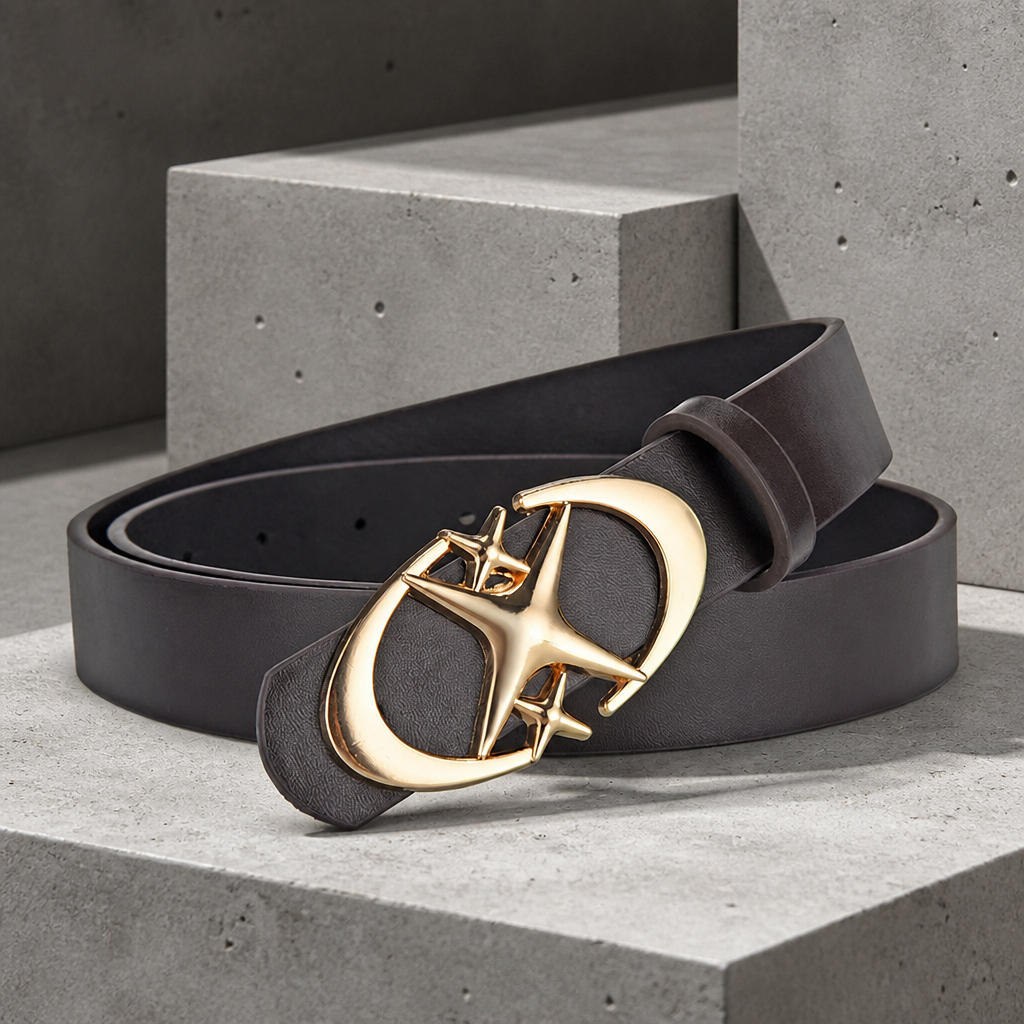 Ceinture homme originale marron foncé, boucle étoile dorée, sur béton