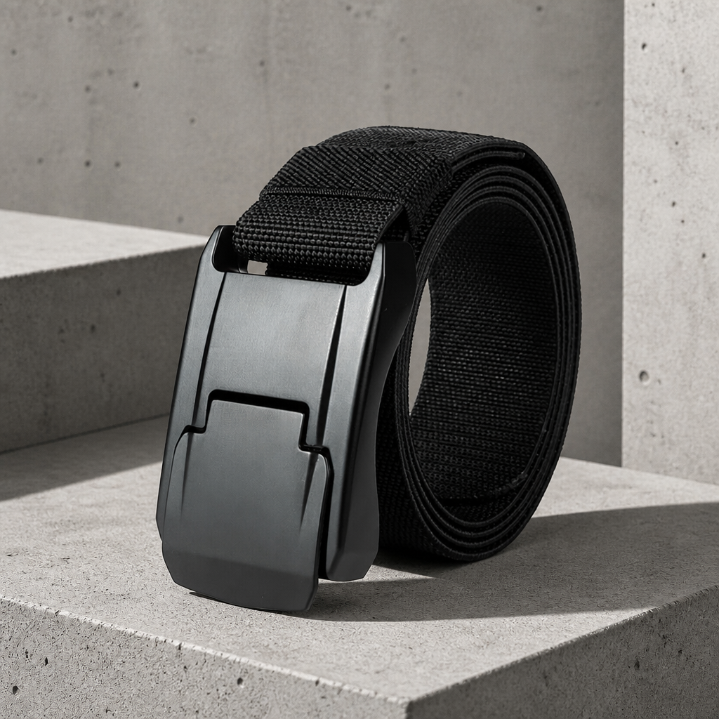 Ceinture homme en sangle élastique noire à boucle automatique à pince, posée sur un bloc de béton