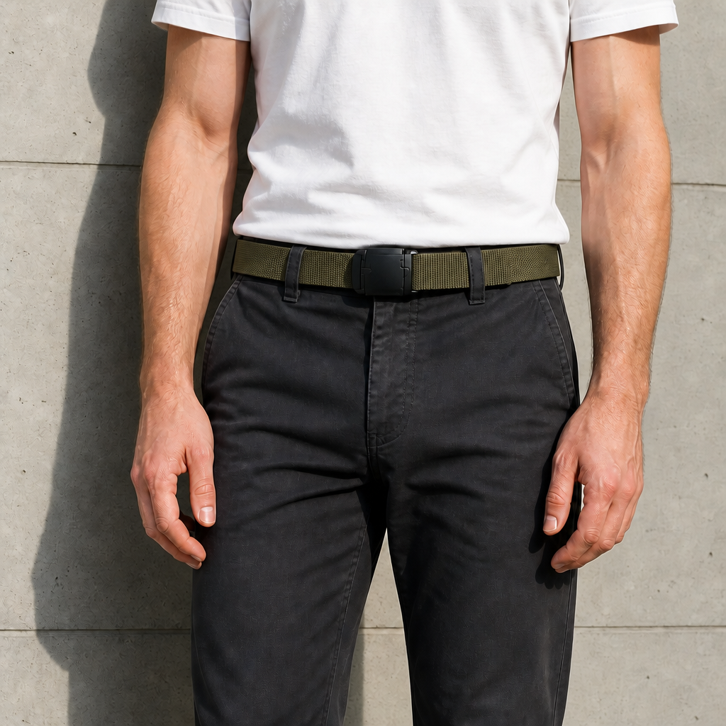 Ceinture en sangle élastique kaki à boucle à pince portée à la taille sur un chino gris anthracite