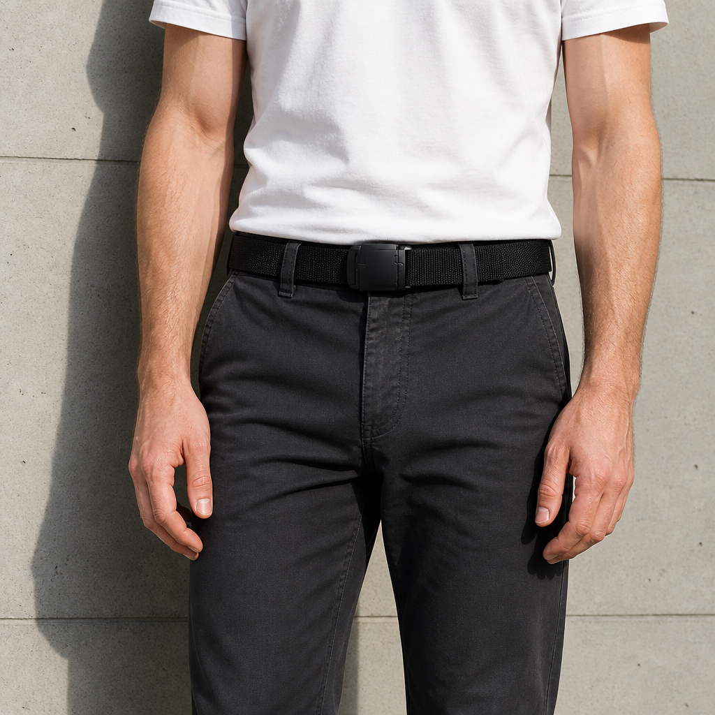 Ceinture en sangle élastique noire à boucle à pince portée à la taille sur un chino gris anthracite