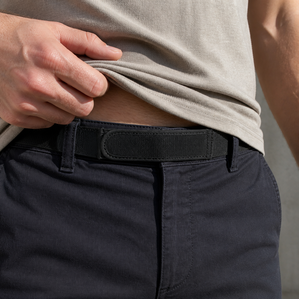 Ceinture homme sans métal portée entre deux passants avant d'un pantalon foncé