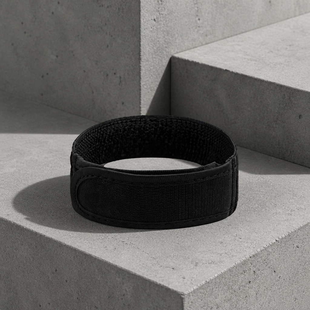 Ceinture homme sans métal noire, bande élastique fermée, sur un bloc de béton