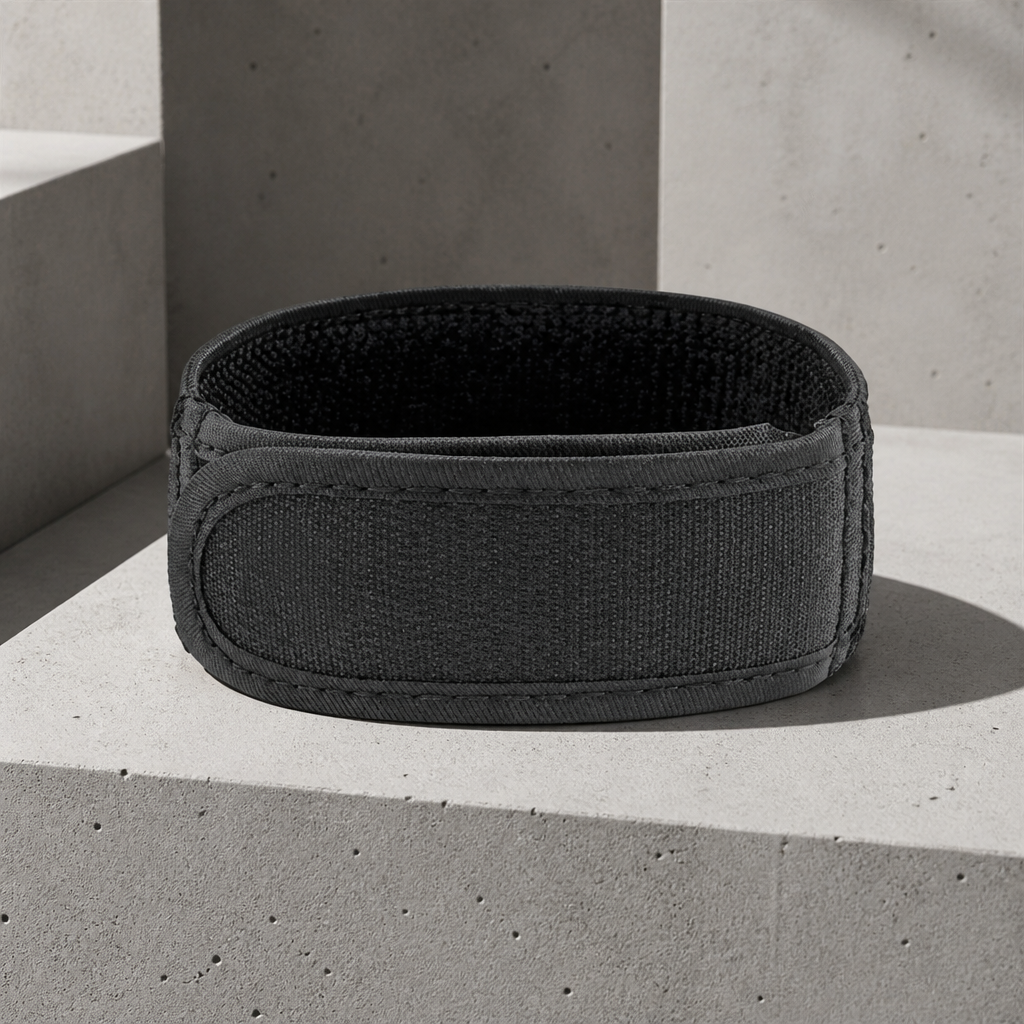 Bande élastique noire sans métal vue de trois quarts sur un bloc de béton