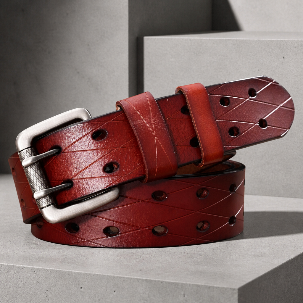 Ceinture homme tendance en croûte de cuir bordeaux gravée en losanges, boucle argent mat à double ardillon, sur béton