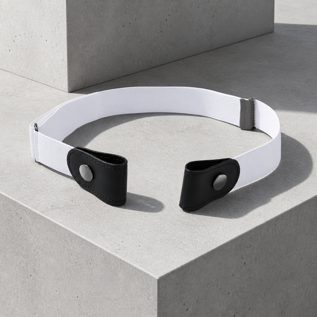Ceinture invisible homme élastique sans boucle, coloris blanc, posée sur un bloc de béton
