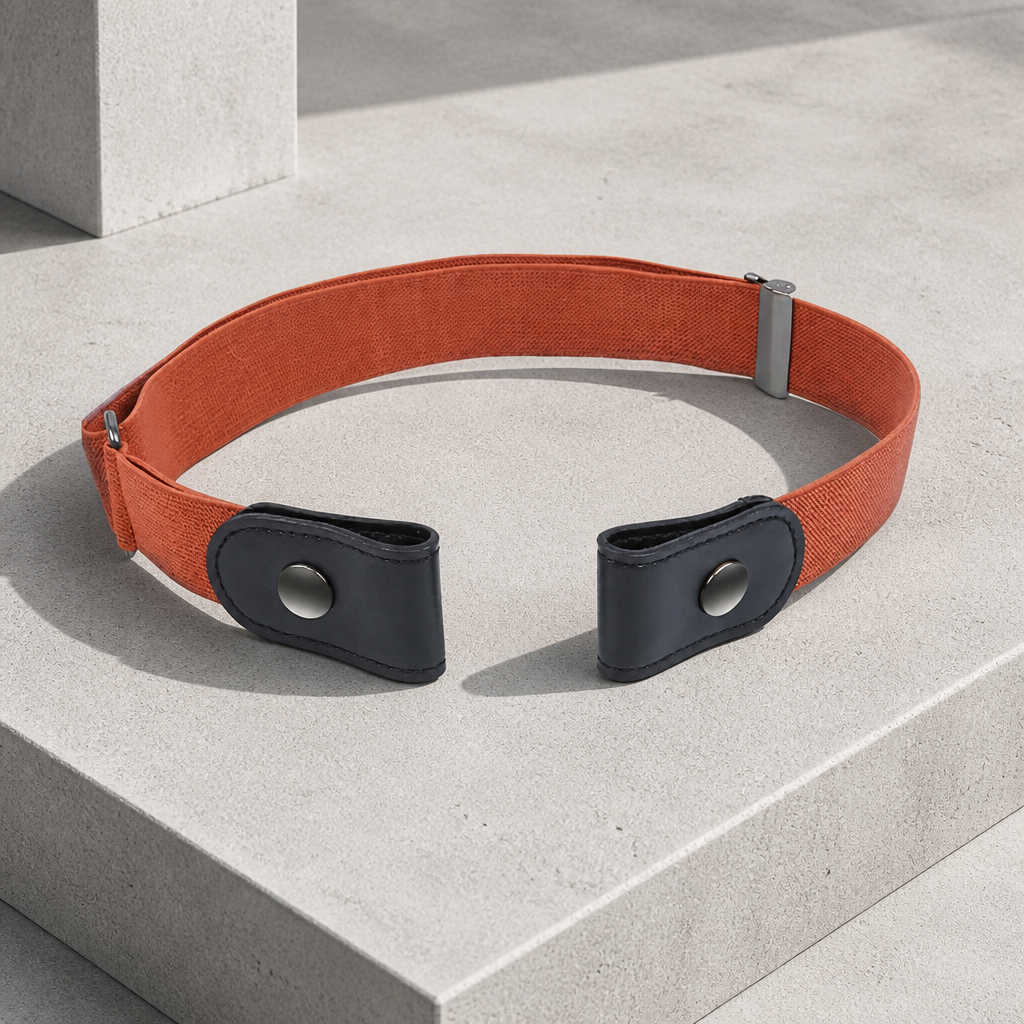 Ceinture invisible homme élastique sans boucle, coloris camel, posée sur un bloc de béton