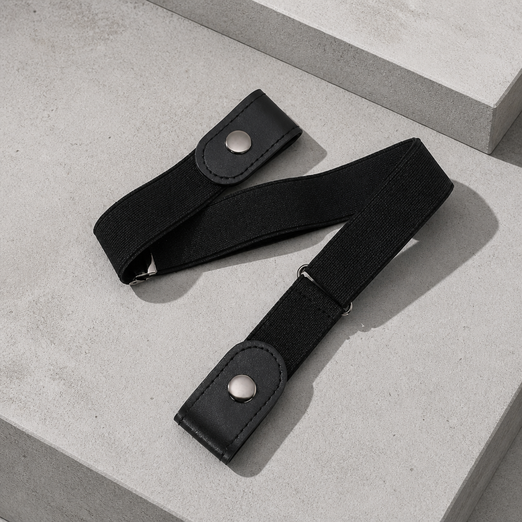 Ceinture invisible homme élastique sans boucle, coloris noir, posée sur un bloc de béton