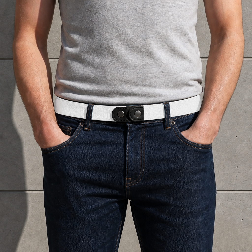 Ceinture élastique sans boucle blanche portée à la taille sur un jean, fermeture à pression à plat